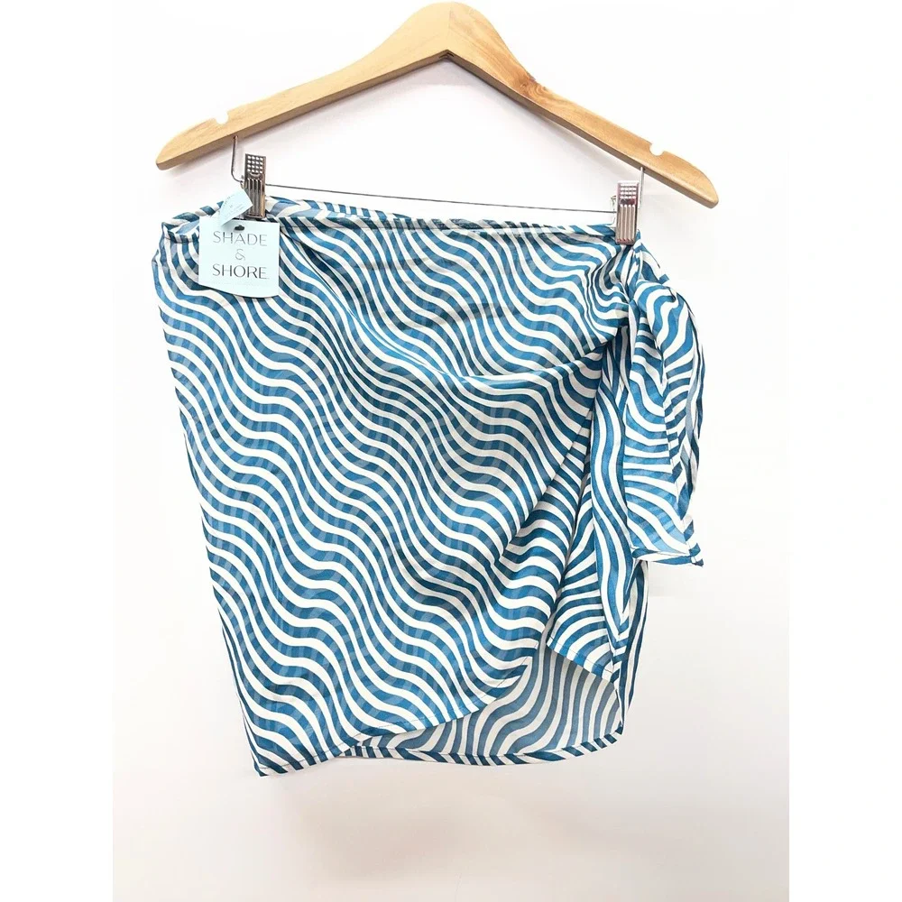Shade & Shore Blue‎ White Wavy Stripe Swim Sarong Wrap Skirt Cover Up Medium NWT